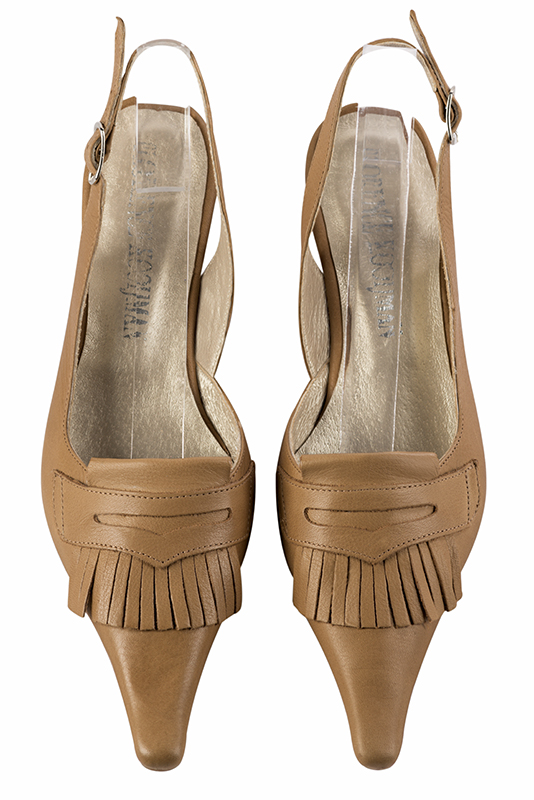 Camel beige women's slingback shoes. Tapered toe. Low wedge heels. Top view - Florence KOOIJMAN